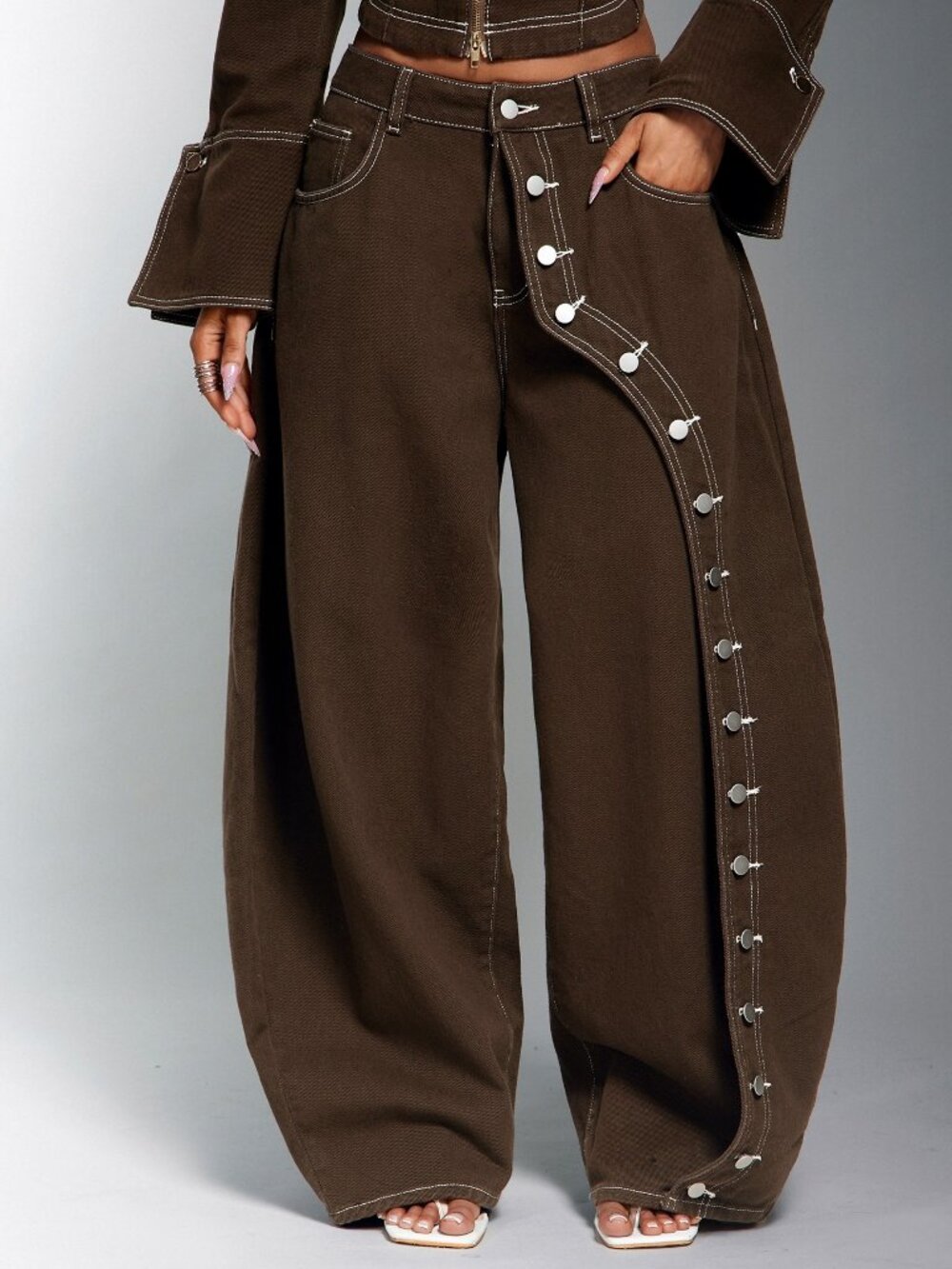 Mocha Brown Casual Women's Double Button Wide Leg Denim Jeans - Picture 3 of 5